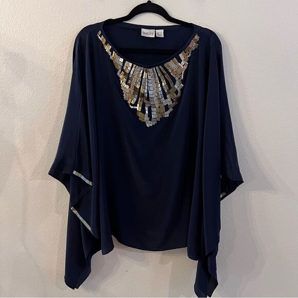Chico’s Poncho Silk Size M/L Navy Blue Gold Beading Lightweight Pullover - Picture 1 of 6